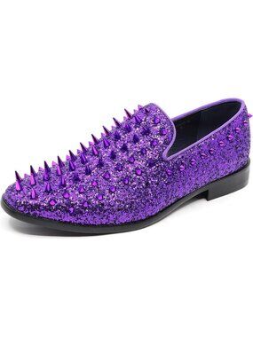 Metrocharm Men's Purple Sparkly Glitter Spike Sequin Tuxedo Loafer Slip On Shoes